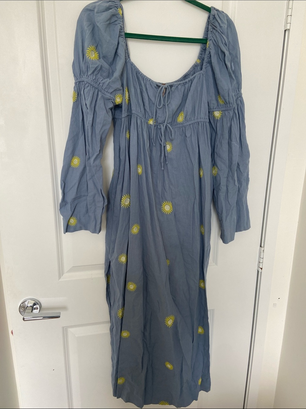 Free People Powder Blue Maxi Dress with Yellow Sunburst Embroidery